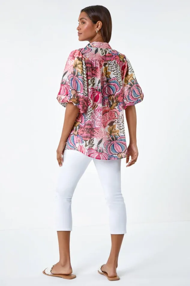 Pink Floral Leaf Print Puff Sleeve Shirt Women Roman Tops