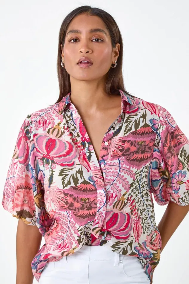 Pink Floral Leaf Print Puff Sleeve Shirt Women Roman Tops