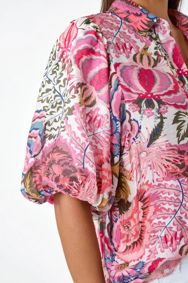 Pink Floral Leaf Print Puff Sleeve Shirt Women Roman Tops