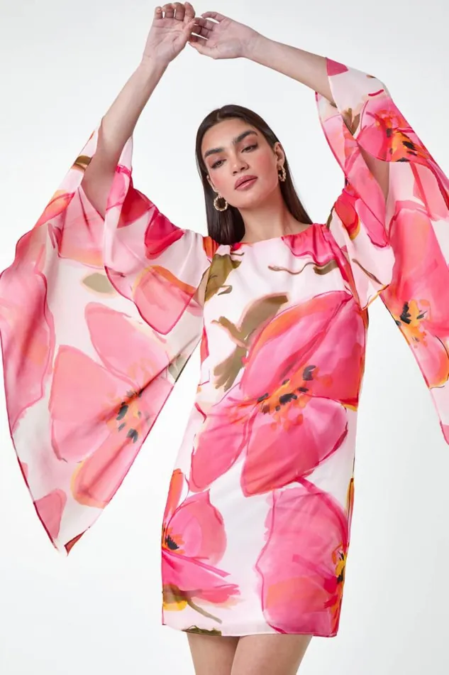 Pink Floral Print Chiffon Cape Dress Women Roman Dresses