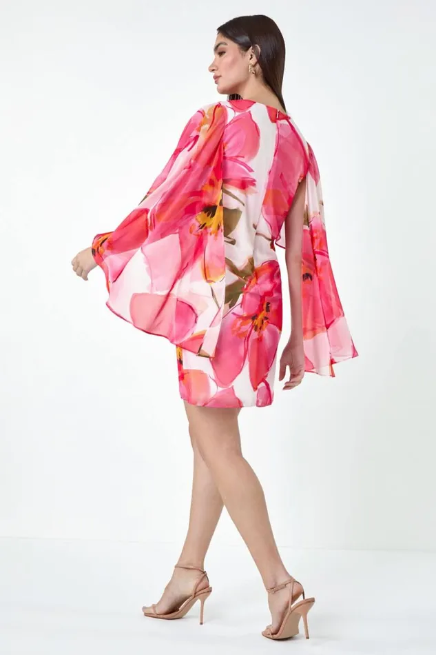 Pink Floral Print Chiffon Cape Dress Women Roman Dresses