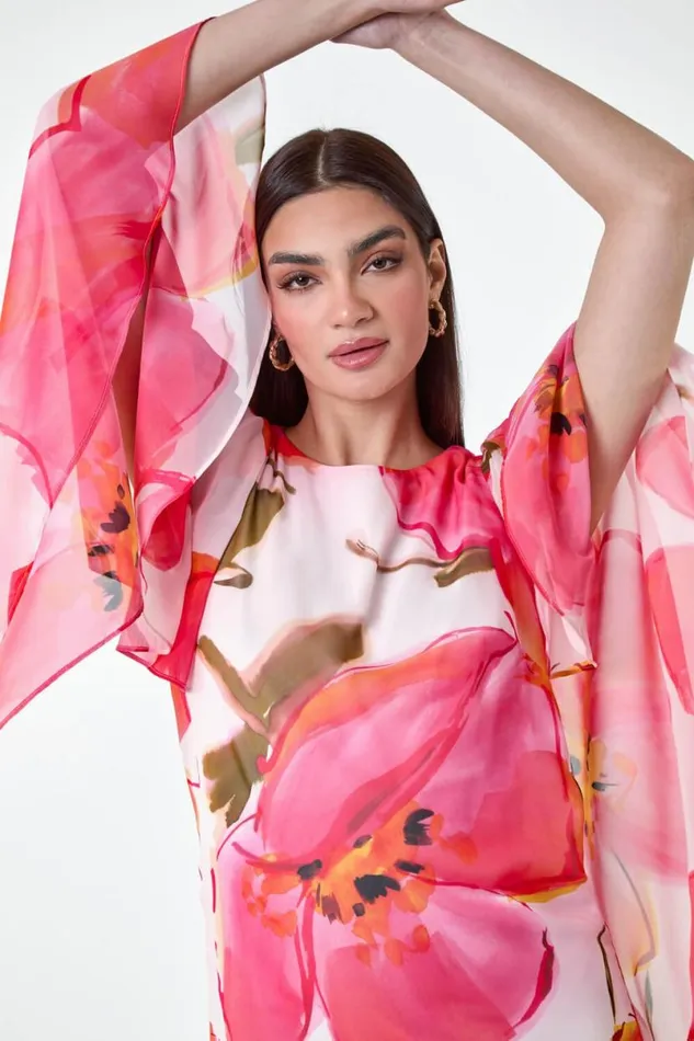 Pink Floral Print Chiffon Cape Dress Women Roman Dresses