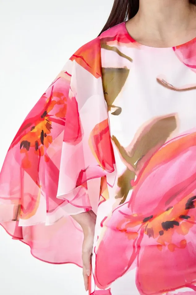 Pink Floral Print Chiffon Cape Dress Women Roman Dresses