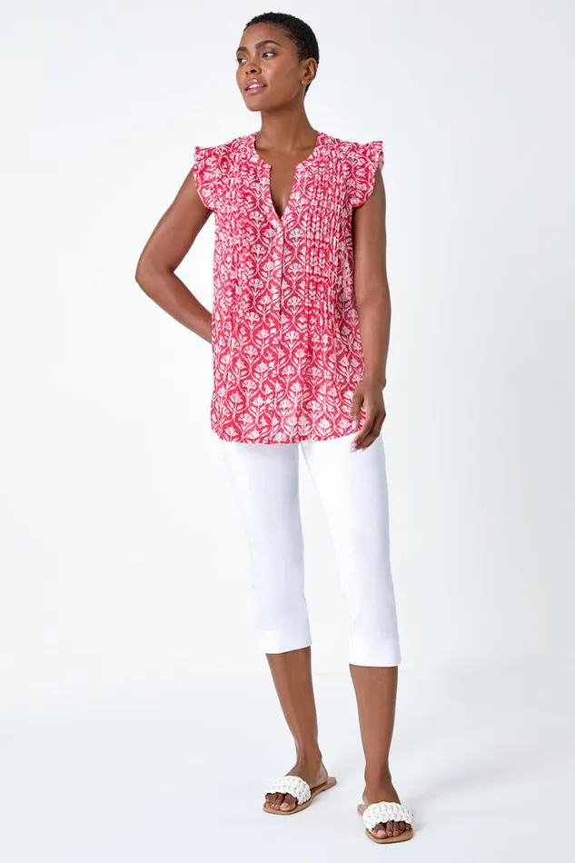 Pink Floral Print VNeck Frill Sleeve Blouse Women Roman Tops