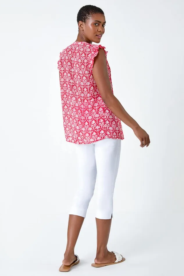 Pink Floral Print VNeck Frill Sleeve Blouse Women Roman Tops