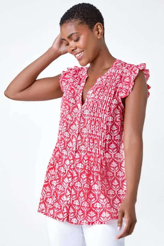 Pink Floral Print VNeck Frill Sleeve Blouse Women Roman Tops