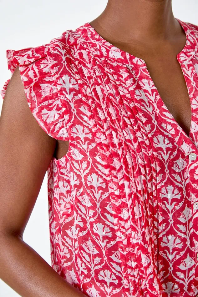 Pink Floral Print VNeck Frill Sleeve Blouse Women Roman Tops