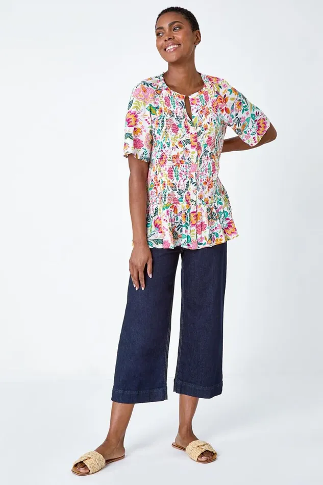 Pink Floral Shirred Crinkle Top Women Roman Tops