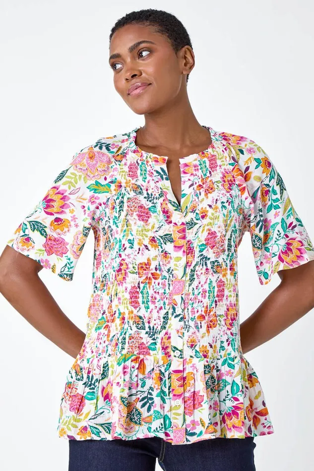 Pink Floral Shirred Crinkle Top Women Roman Tops