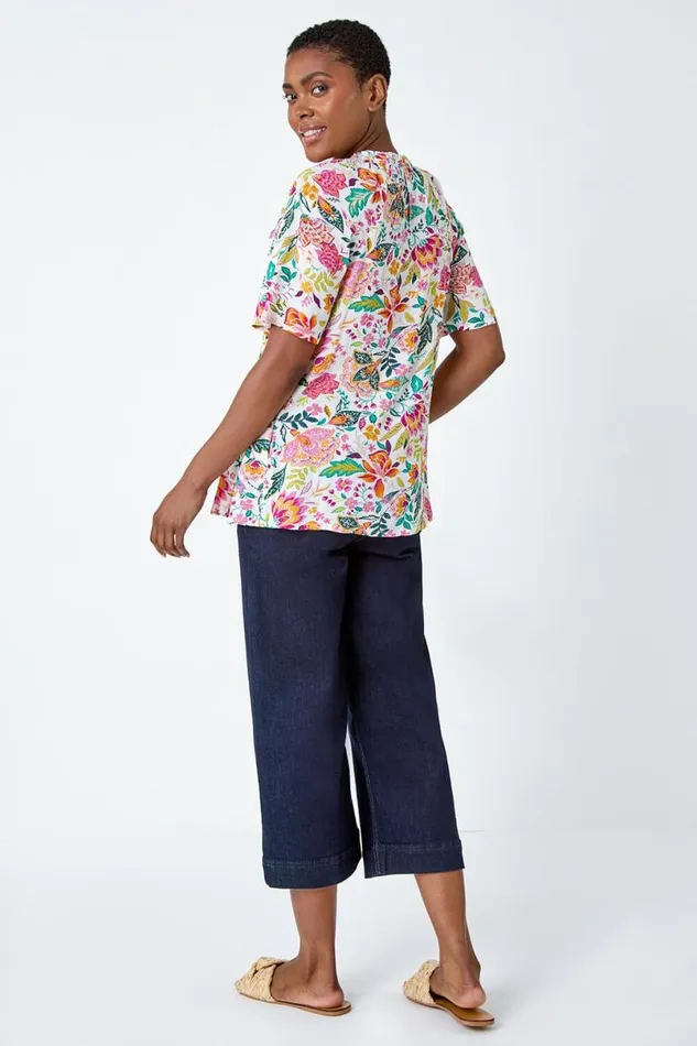 Pink Floral Shirred Crinkle Top Women Roman Tops