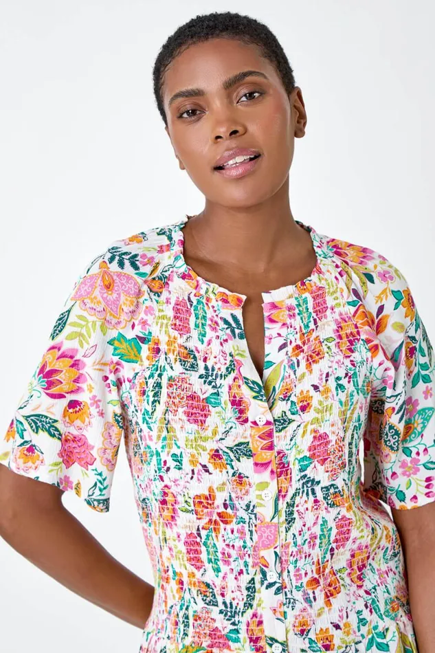 Pink Floral Shirred Crinkle Top Women Roman Tops