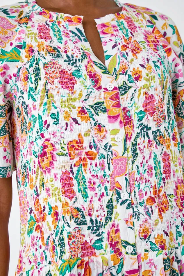 Pink Floral Shirred Crinkle Top Women Roman Tops