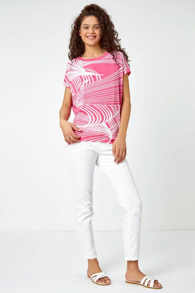 Pink Linear Textured Print Blouson Top Women Roman Tops
