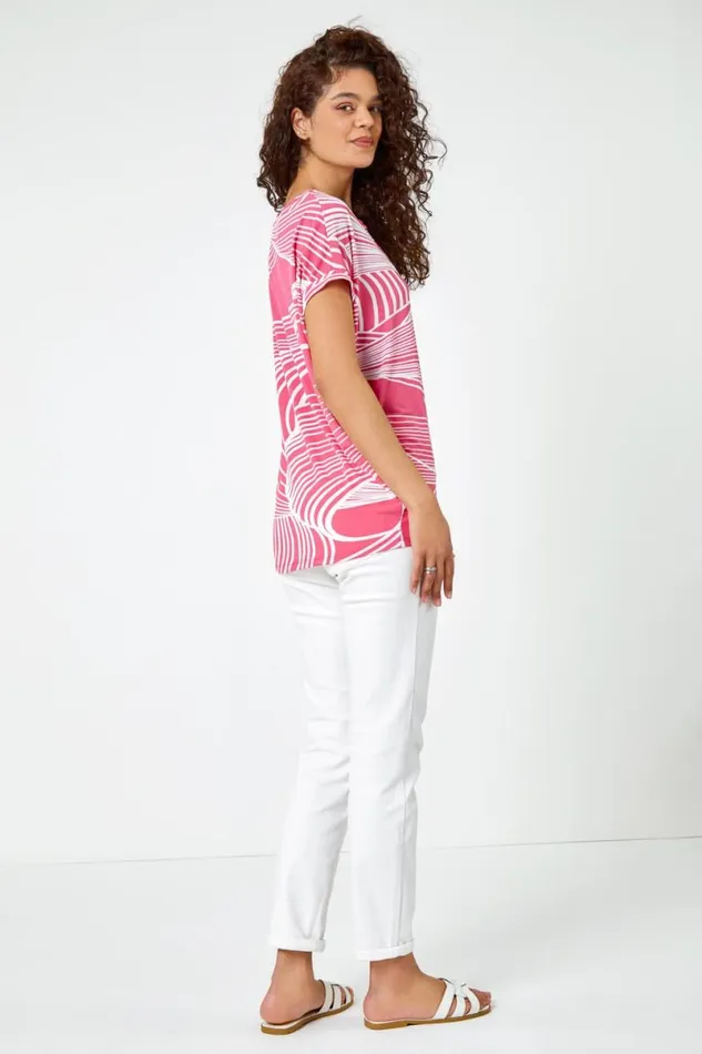 Pink Linear Textured Print Blouson Top Women Roman Tops