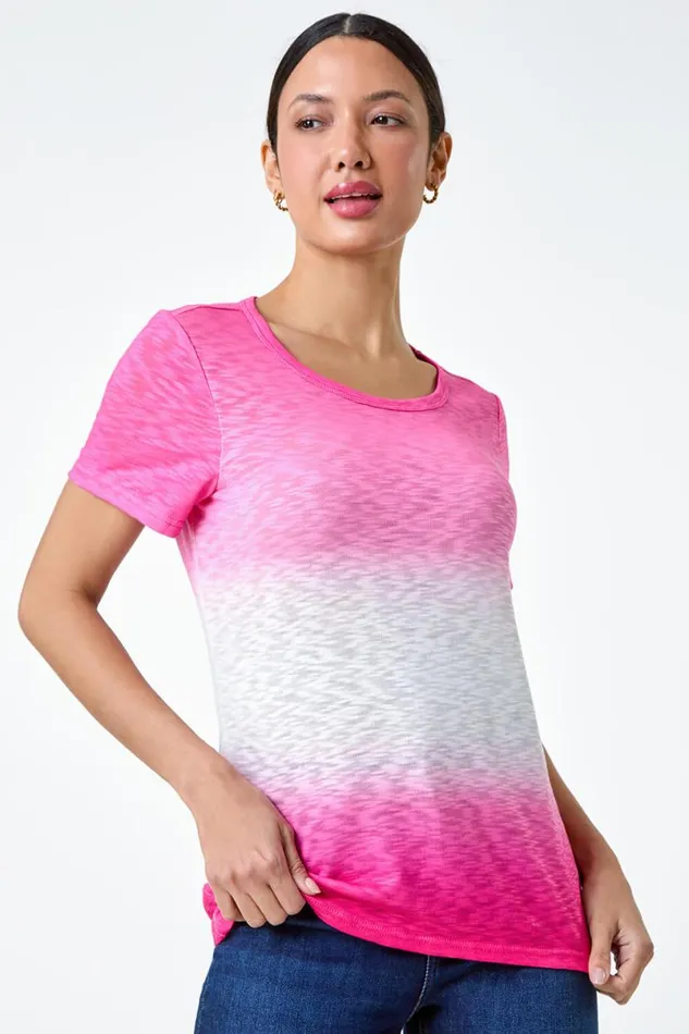 Pink Ombre Burnout Print Stretch Jersey TShirt Women Roman Tops
