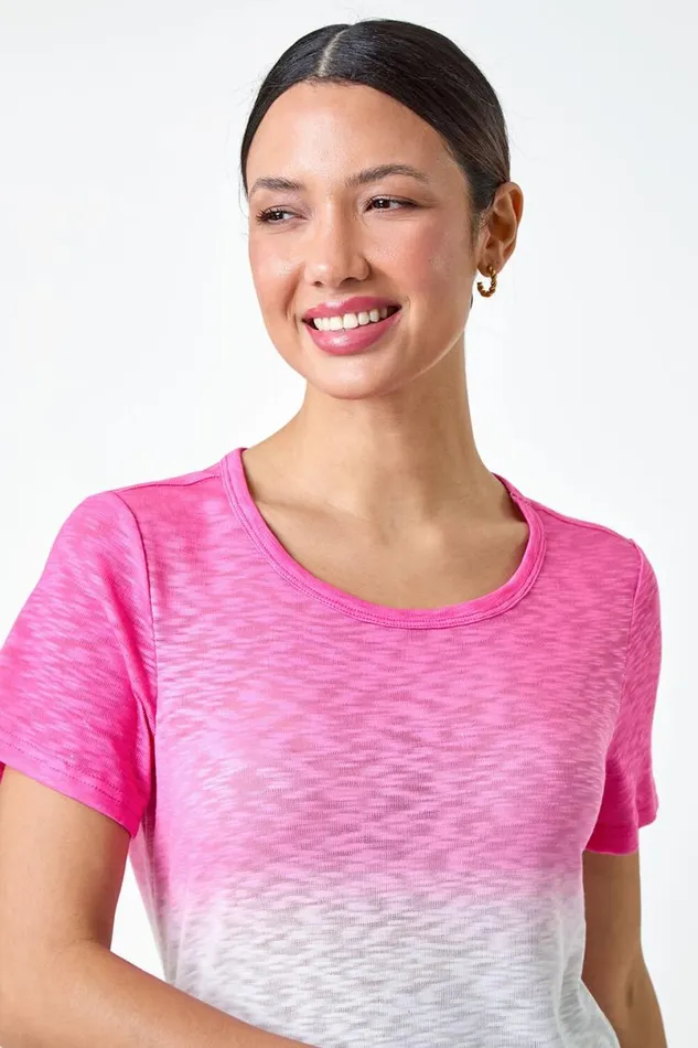 Pink Ombre Burnout Print Stretch Jersey TShirt Women Roman Tops