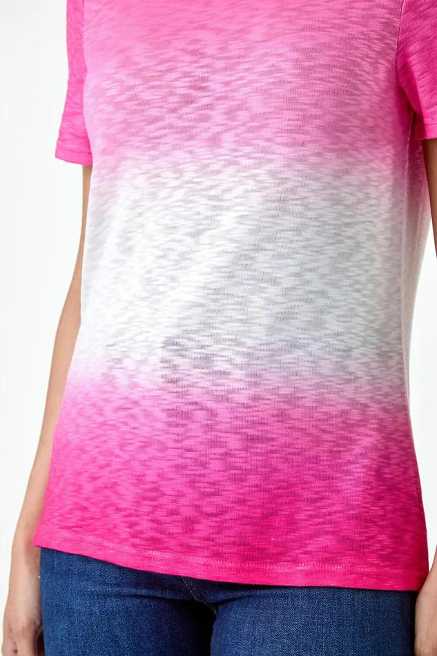 Pink Ombre Burnout Print Stretch Jersey TShirt Women Roman Tops