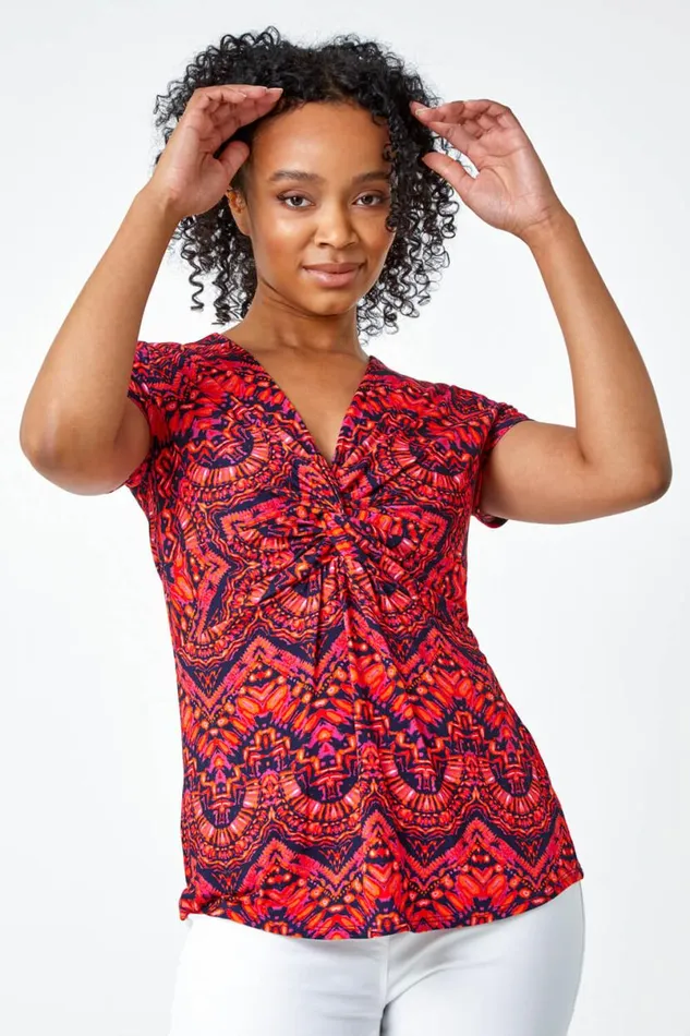 Pink Petite Aztec Knot Detail VNeck Stretch Top Women Roman Tops