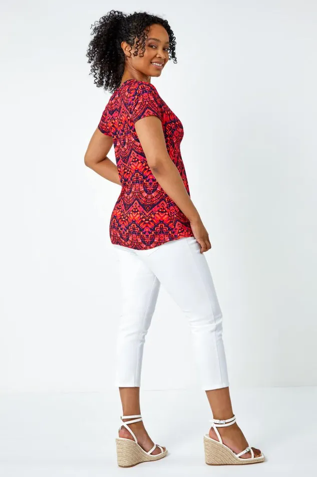 Pink Petite Aztec Knot Detail VNeck Stretch Top Women Roman Tops