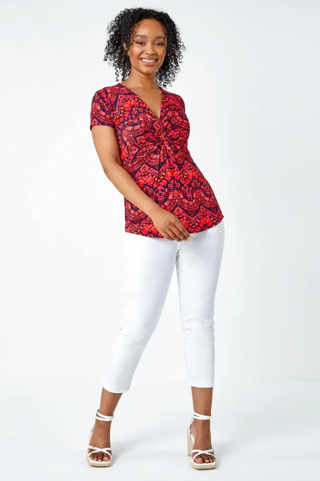 Pink Petite Aztec Knot Detail VNeck Stretch Top Women Roman Tops