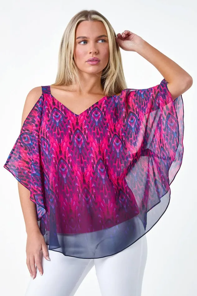 Pink Petite Aztec Print Cold Shoulder Top Women Roman Tops
