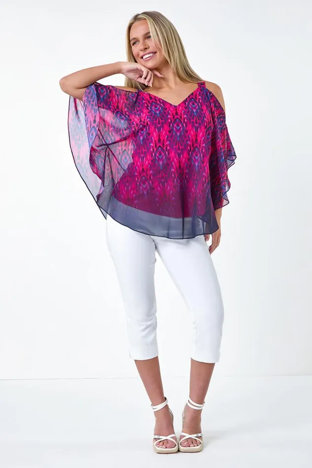 Pink Petite Aztec Print Cold Shoulder Top Women Roman Tops