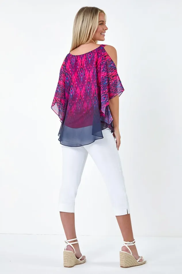 Pink Petite Aztec Print Cold Shoulder Top Women Roman Tops