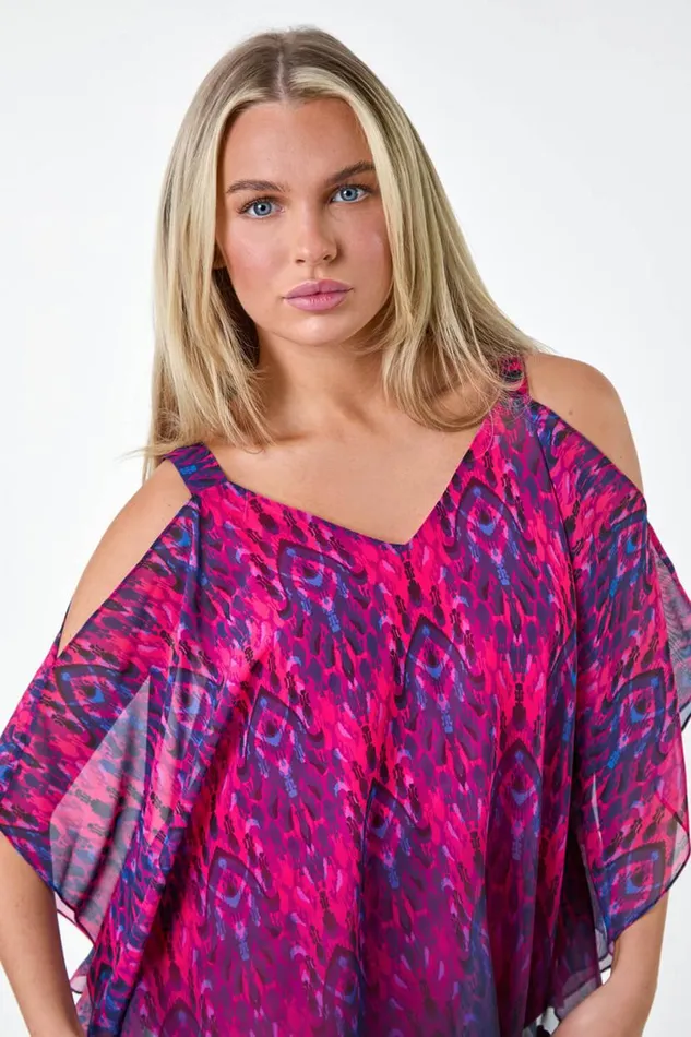 Pink Petite Aztec Print Cold Shoulder Top Women Roman Tops