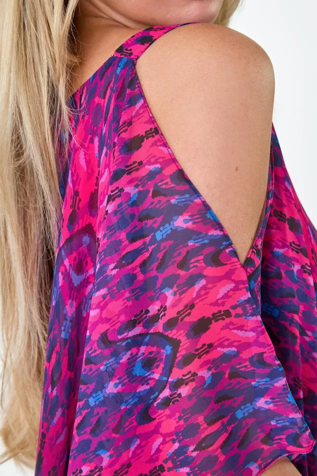 Pink Petite Aztec Print Cold Shoulder Top Women Roman Tops