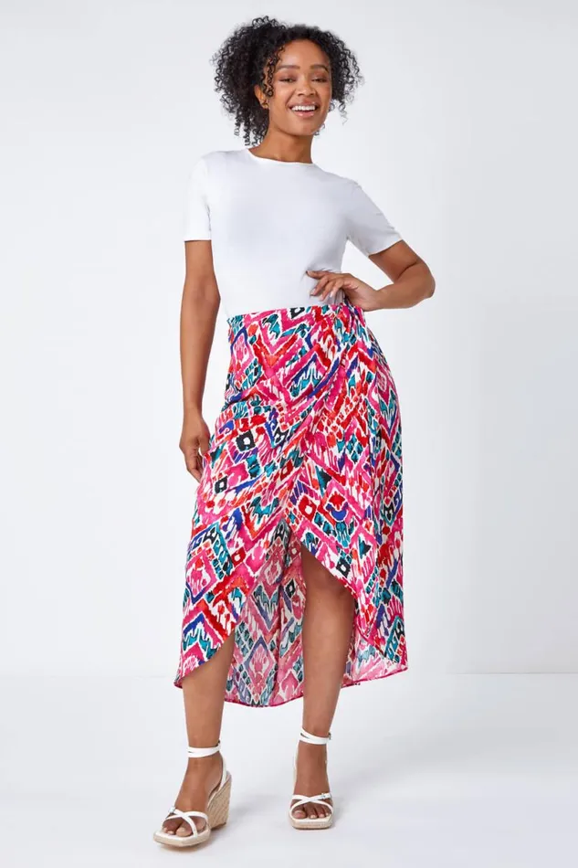 Pink Petite Aztec Wrap Around Skirt Women Roman Skirts