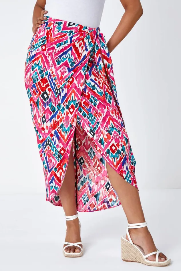 Pink Petite Aztec Wrap Around Skirt Women Roman Skirts