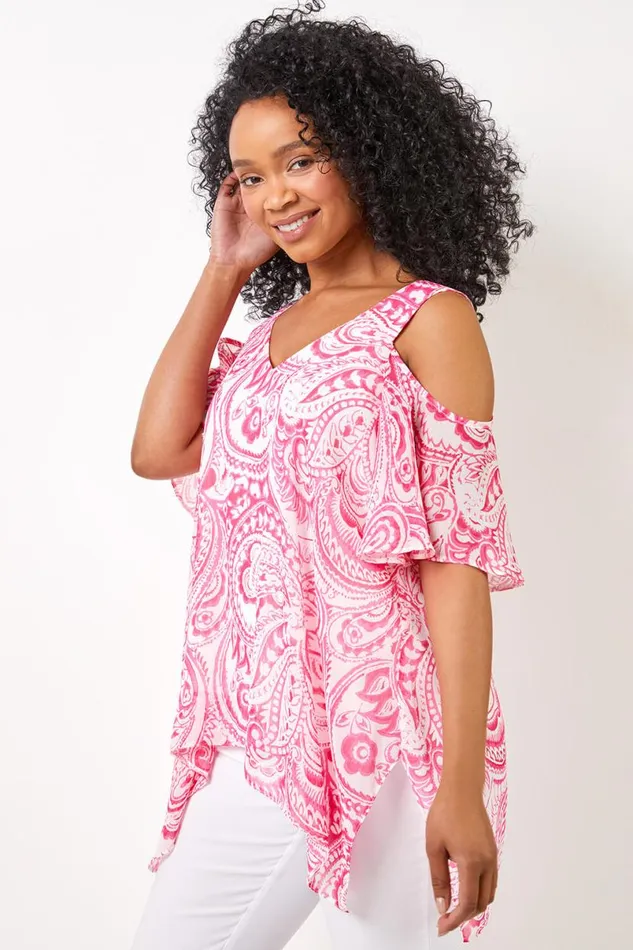 Pink Petite Cold Shoulder Paisley Hanky Hem Top Women Roman Tops
