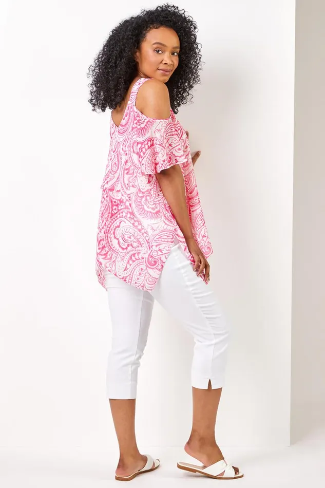 Pink Petite Cold Shoulder Paisley Hanky Hem Top Women Roman Tops