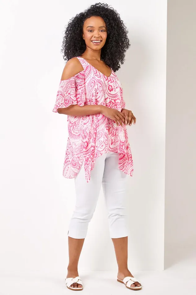 Pink Petite Cold Shoulder Paisley Hanky Hem Top Women Roman Tops