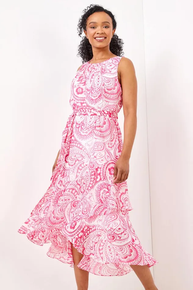 Pink Petite Paisley Dipped Frill Hem Chiffon Dress Women Roman Dresses