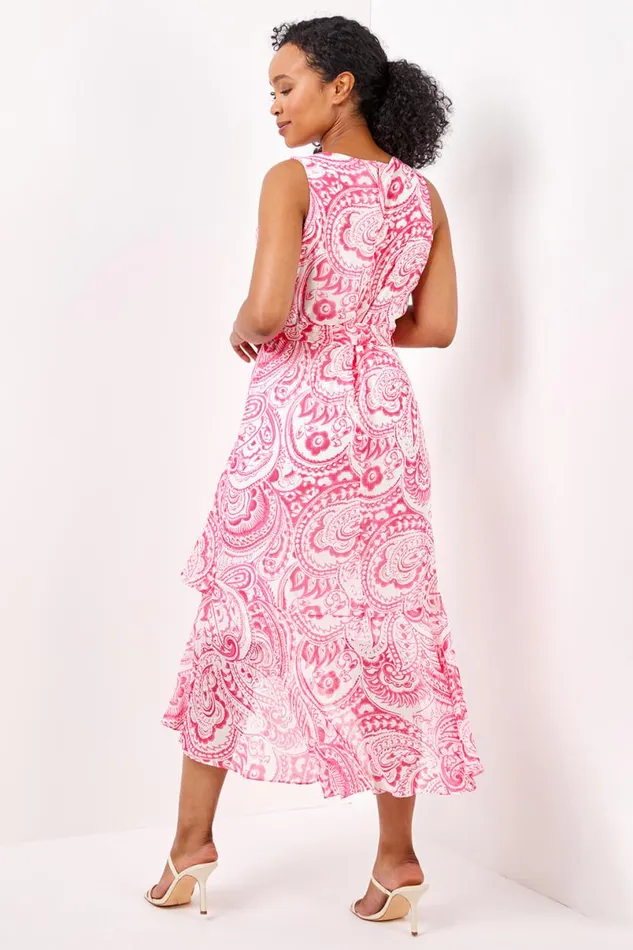 Pink Petite Paisley Dipped Frill Hem Chiffon Dress Women Roman Dresses