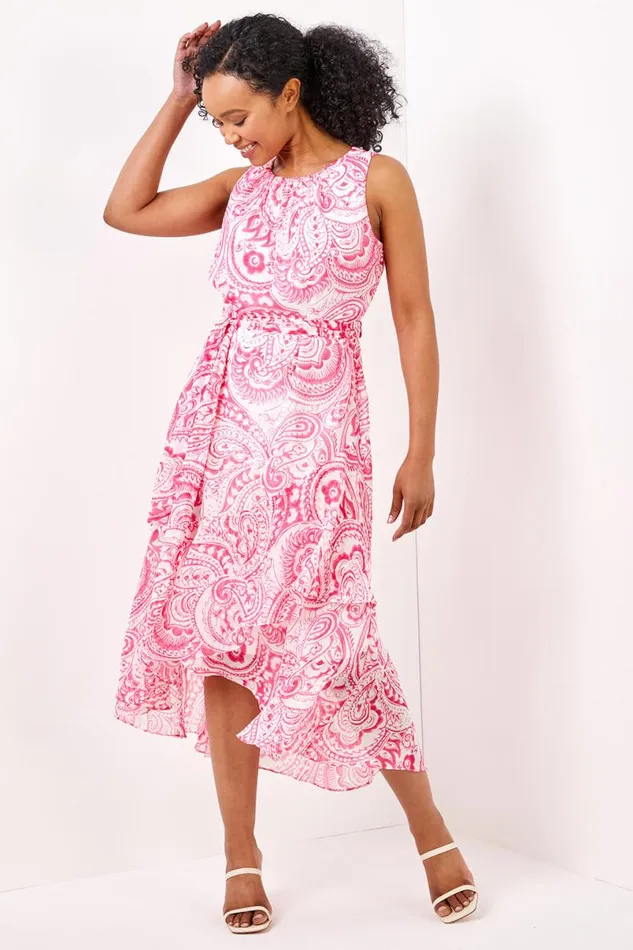 Pink Petite Paisley Dipped Frill Hem Chiffon Dress Women Roman Dresses
