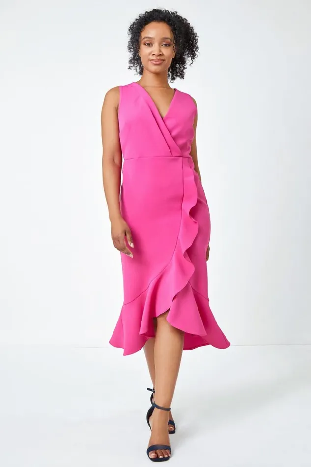 Pink Petite Sleeveless Frill Hem Wrap Dress Women Roman Dresses