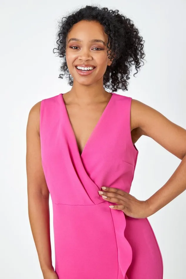 Pink Petite Sleeveless Frill Hem Wrap Dress Women Roman Dresses