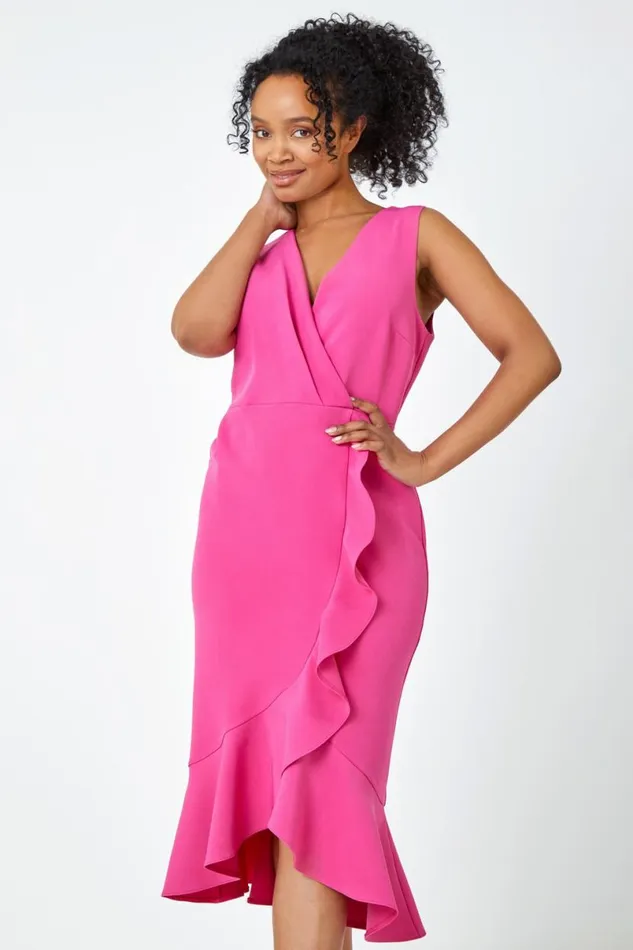 Pink Petite Sleeveless Frill Hem Wrap Dress Women Roman Dresses