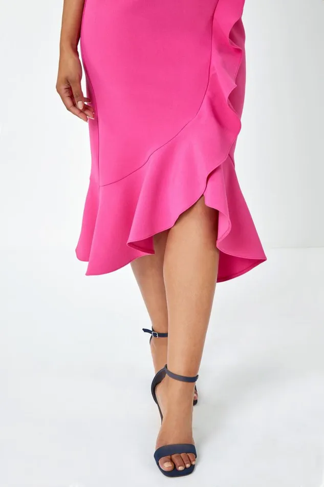 Pink Petite Sleeveless Frill Hem Wrap Dress Women Roman Dresses