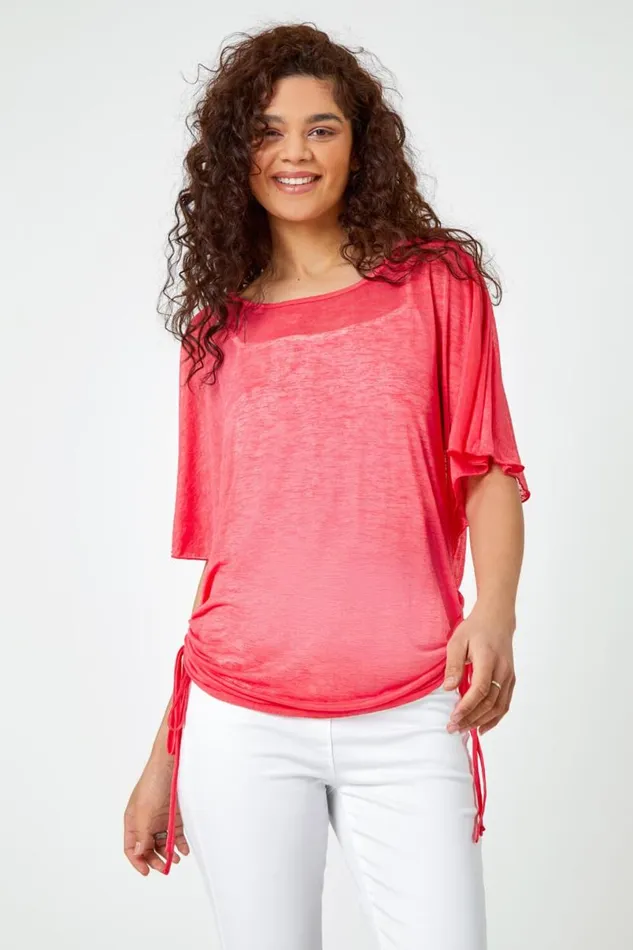 Pink Ruched Batwing Mesh Top Women Roman Tops