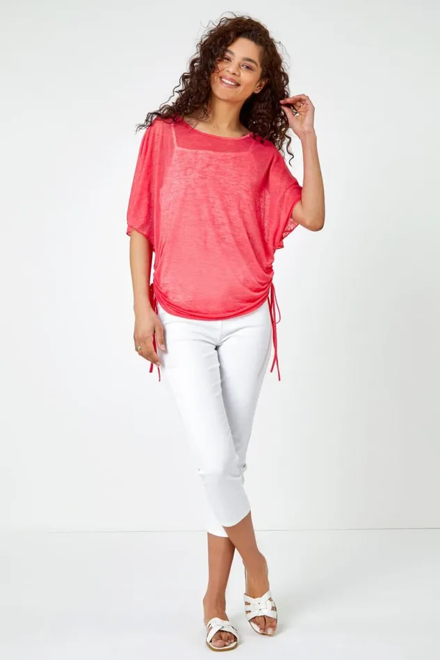 Pink Ruched Batwing Mesh Top Women Roman Tops