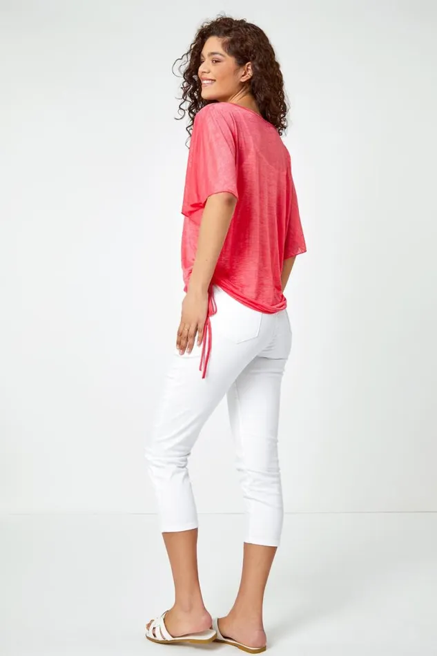 Pink Ruched Batwing Mesh Top Women Roman Tops