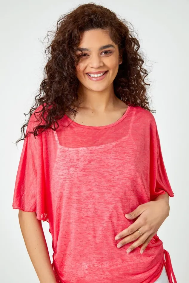 Pink Ruched Batwing Mesh Top Women Roman Tops
