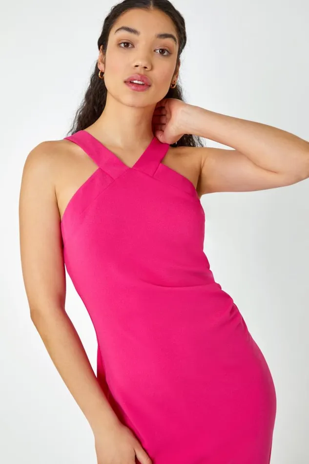 Pink Ruched Halter Neck Midi Stretch Dress Women Roman Dresses