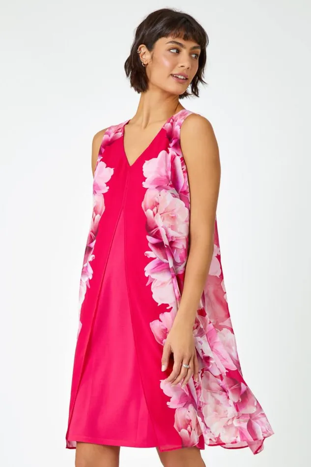 Pink Sleeveless Floral Chiffon Overlay Dress Women Roman Dresses