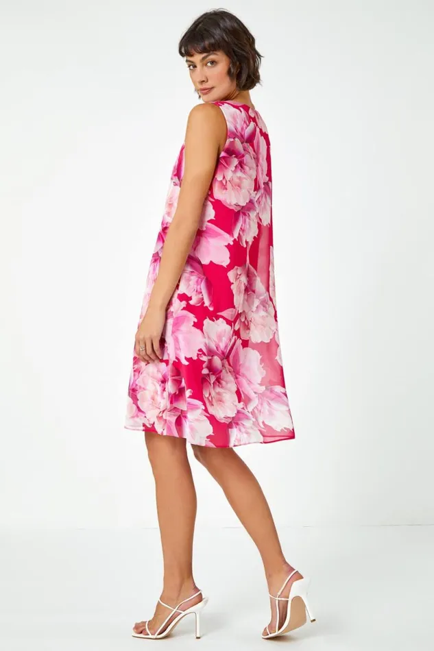 Pink Sleeveless Floral Chiffon Overlay Dress Women Roman Dresses