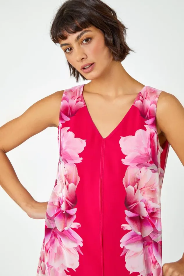 Pink Sleeveless Floral Chiffon Overlay Dress Women Roman Dresses