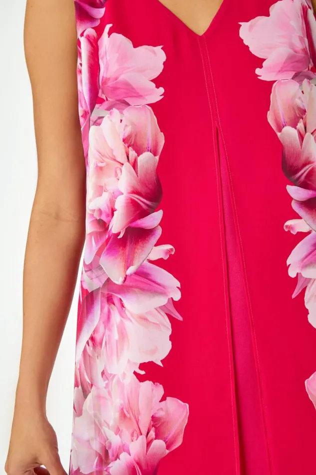 Pink Sleeveless Floral Chiffon Overlay Dress Women Roman Dresses